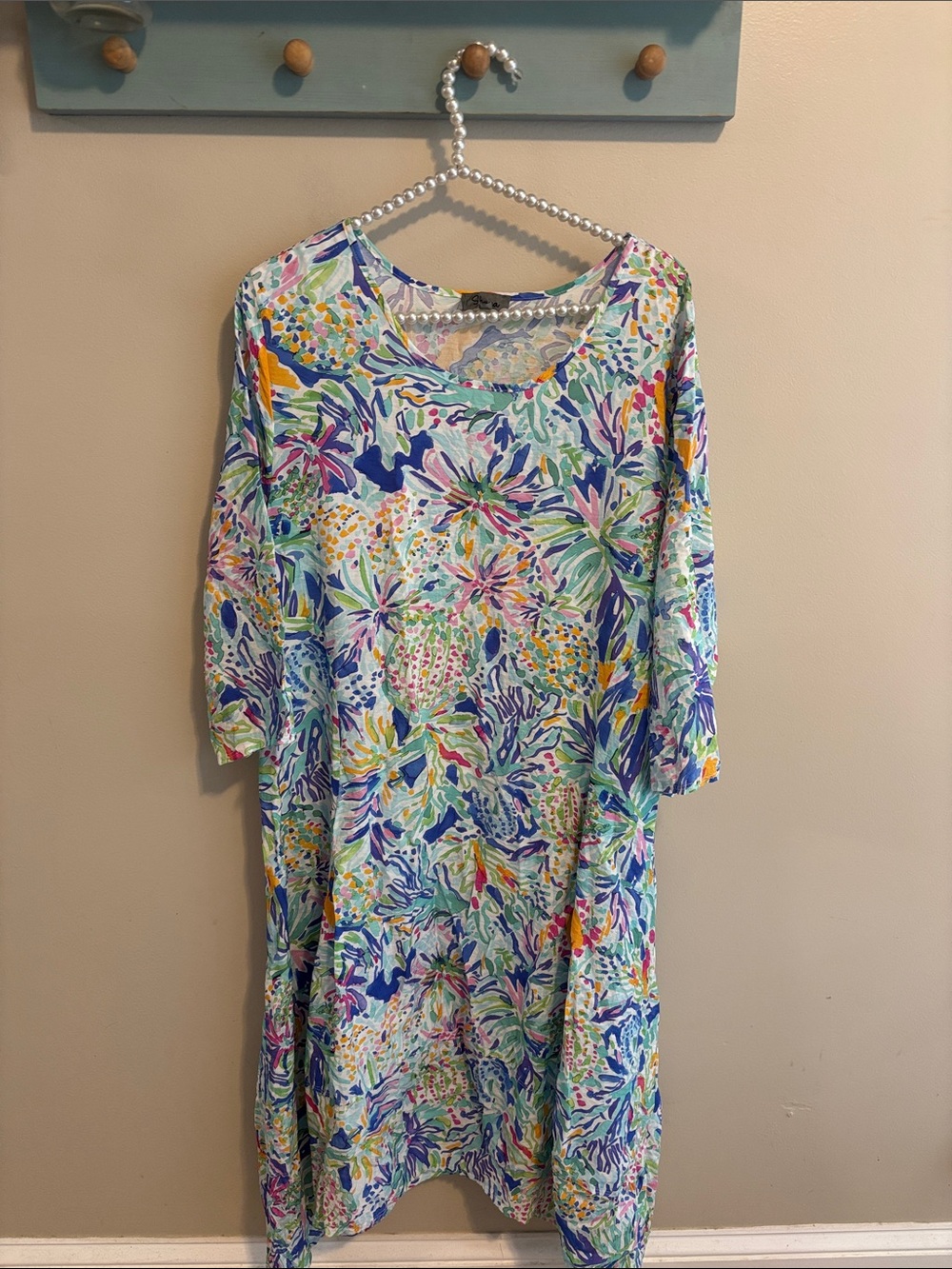 Shana Apparel Dress L Large Watercolor Botanical Crinkle Sharkbite 3/4 Sleeve